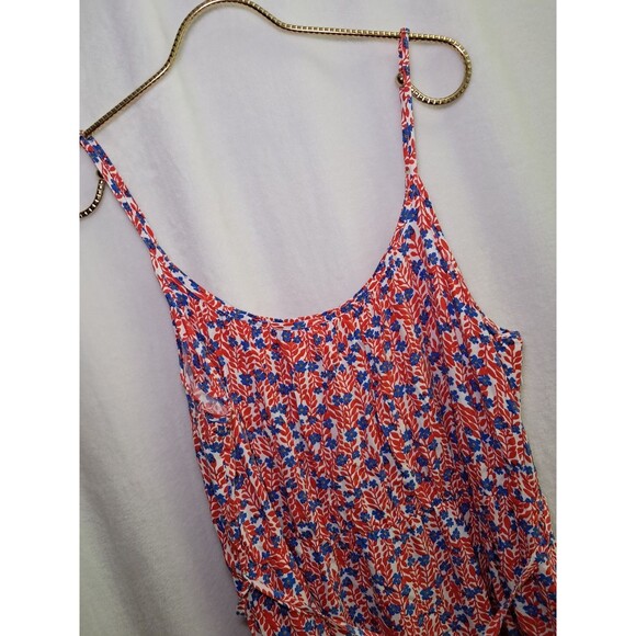 J. Crew Ruffle Midi Curved Hem Dress Red Blue Floral Strappy BI399 Size 14 - Picture 4 of 12